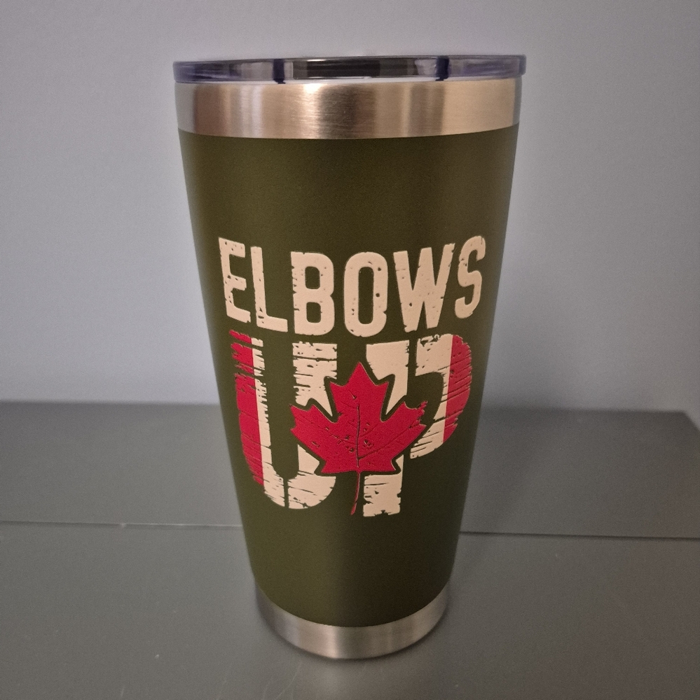 20oz Army Green Tumbler with Red Elbows Up Maple Leaf Design
